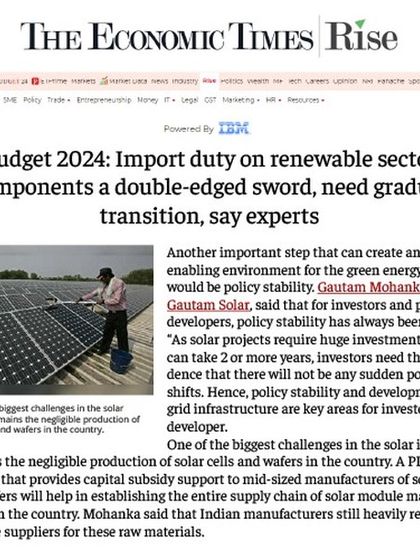 Our CEO, Mr. Gautam Mohanka, shared his views with The Economic Times on the Union Budget 2024, emphasizing the need for policy stability to give investors and project developers the confidence to make large investments.