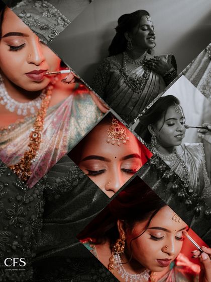 An artistic collage of the bride getting her makeup done. The mix of color and black and white, along with the geometric composition, creates a modern and stylish look.