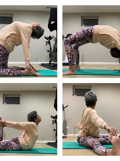 A beautiful flow of four movements, including Camel Pose, Wheel Pose, Bow Pose, and a seated twist. This demonstrates a dynamic back and hip opening sequence.