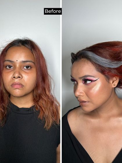 A before-and-after look at a creative transformation. Our student used hair color, styling, and dramatic makeup to create a fiery, avant-garde character.