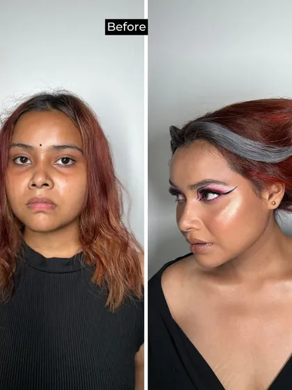 This before and after shows a complete metamorphosis. Our student used creative color and avant-garde styling to create a high-fashion, editorial look.