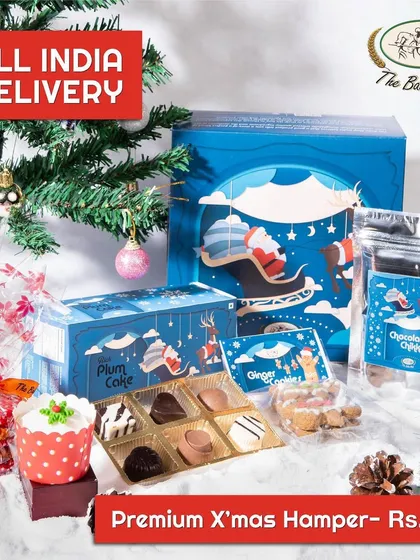 Our Premium Christmas Hamper, available for all-India delivery, is filled with a selection of our finest holiday treats.