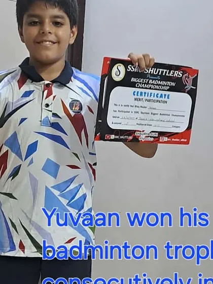 Another one of our promising young talents, Yuvaan, with his second consecutive trophy. Consistent performance is a key goal of our badminton coaching program.