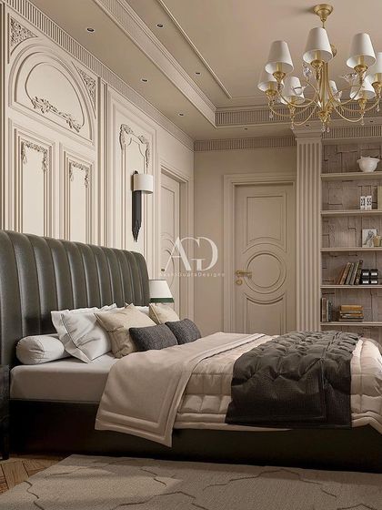 This view shows the built-in shelving next to the bed, a practical and beautiful addition that provides space for books and decor. The design seamlessly blends functionality with lush aesthetics.