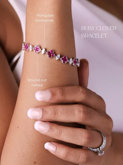 This Ruby Clover bracelet is a perfect example of wearable luxury. It combines the vibrant color of round-cut rubies with the sparkle of marquise diamonds, creating a piece that is both delicate and striking.
