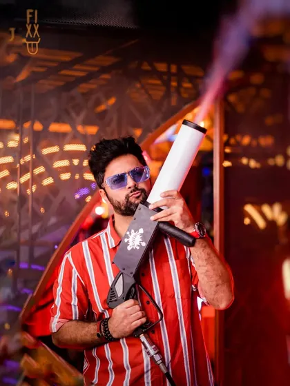 Bringing the big guns for a big party. Whether it's a wedding sangeet or a club night, I make sure the production matches the energy. Firing up the CO2 gun is just one way we create total mayhem on the dance floor.