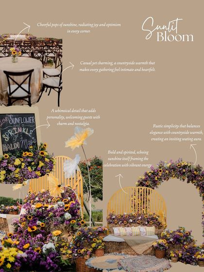 An infographic detailing the "Sunlit Bloom" theme, highlighting the rustic simplicity, countryside warmth, and bold, spiritual energy of the decor.