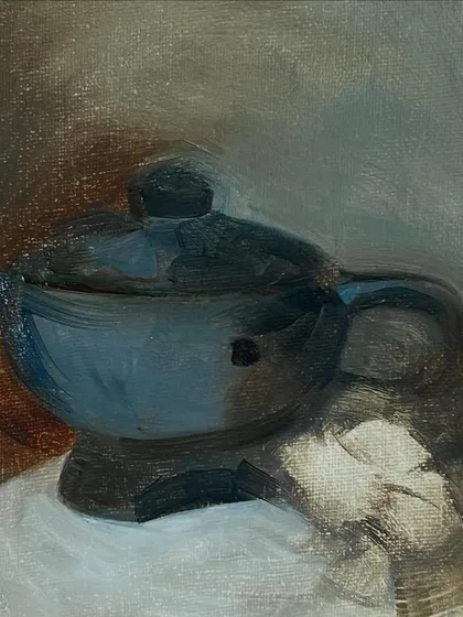 The initial block-in of the still life, where I established the basic shapes and values. This is a crucial first step in any painting.