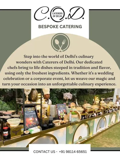 This image highlights our complete buffet service at an outdoor event. You can see our uniformed chefs, branded signage, and the long line of chafing dishes, assuring clients of a professional and comprehensive catering solution.