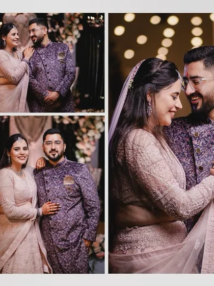 A collage of beautiful moments from an engagement portrait session, showcasing the couple's joy and the beautiful bokeh lights of the decor.