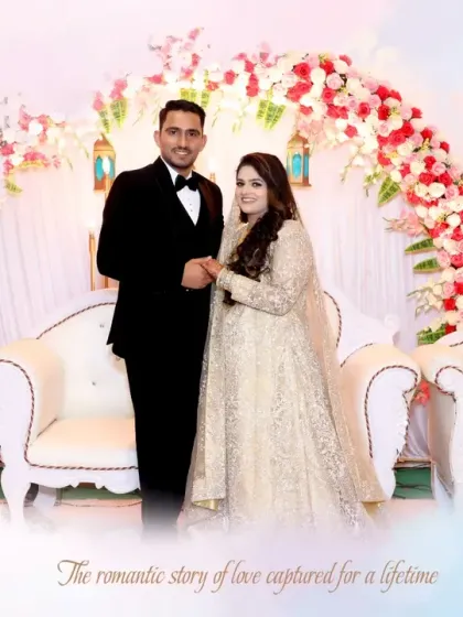 A romantic, artistically edited photo of the couple from their reception, designed for a wedding album cover or feature page. We offer various editing styles to match your preference.