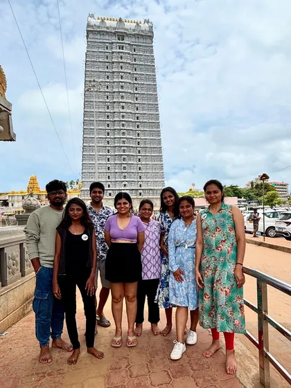 Our group in front of the towering gopuram of the Murudeshwar temple, another key cultural sight on our coastal itinerary.