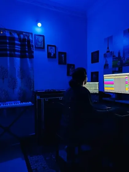 Switching up the mood with cool blue lighting for a different vibe. The atmosphere in the studio directly influences the sound of the electronic music I create.