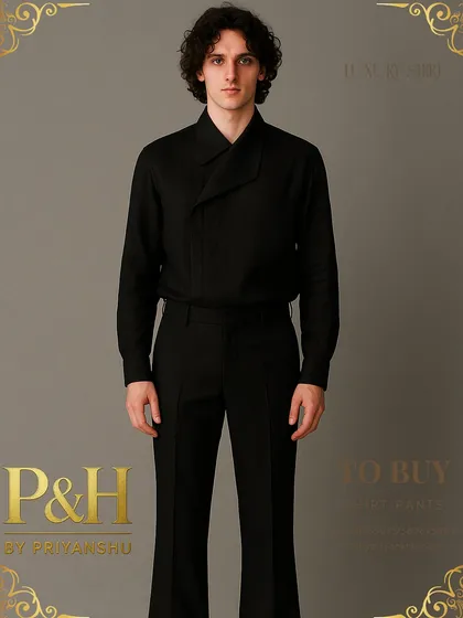 A close-up of the black linen shirt and boot-cut pants, focusing on the unique collar design and the sharp, tailored fit of the ensemble.