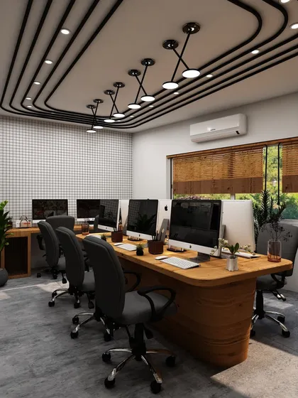 This 3D visualization showcases a modern, collaborative workspace designed for team synergy. The unique overhead lighting tracks and spacious central table are planned to boost productivity and reflect a forward-thinking brand identity.
