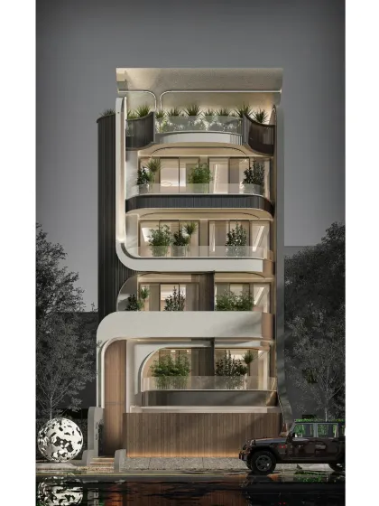 A proposal for a project in Greater Kailash 2, this design features flowing curves that bring a sense of movement and fluidity. The color palette of grey, white, and brown, along with aluminum louvers, creates a sophisticated and dynamic look.