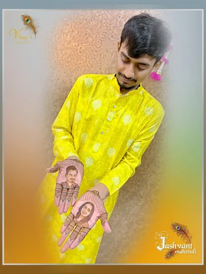 A happy groom showing his personalized portrait mehndi. This style is perfect for grooms who want to celebrate their partnership with custom art of themselves and their bride-to-be.
