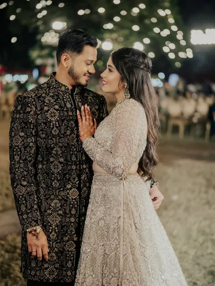 Their chemistry is sparkling, and her makeup is even more so. A beautiful couple portrait from their Sangeet night.