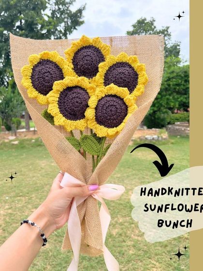 A hand-knitted bunch of sunshine. This bouquet of five crochet sunflowers is perfect for brightening anyone's day.