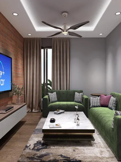 Another angle of the exposed brick living room, this view shows the balance of textures and colors. The warm wood tones, plush sofa, and marble-top coffee table come together to create a comfortable and stylish entertainment zone.