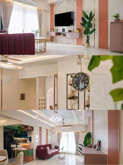 A collage showcasing multiple views of a single project, highlighting the cohesive design language across the living room, dining area, and kitchen.