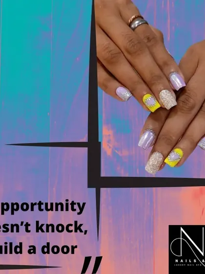 "If opportunity doesn't knock, build a door." Let your nails, like this bold yellow and iridescent set, be a statement of your ambition.