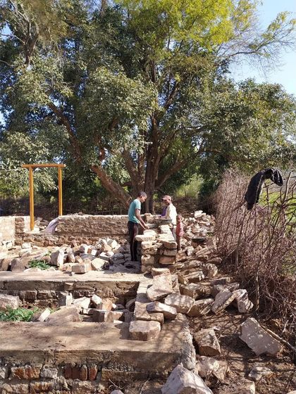 The process of building with reclaimed stone for the foundation of an MP homestay. We believe in finding value in what is already there, whether it's old materials or the earth under our feet.