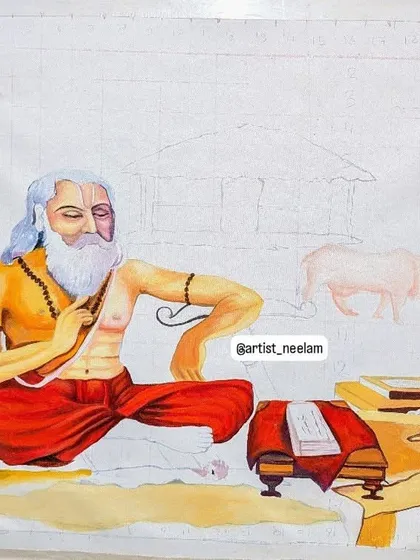 An in-progress shot of a 3x7 feet painting. The figure of the Guru is beginning to take shape against the vast, unpainted canvas, a quiet moment before the full story is told.