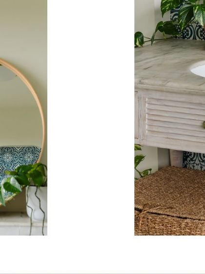 A simple round mirror and woven basket storage complement the patterned tiles and natural elements in the bathroom.