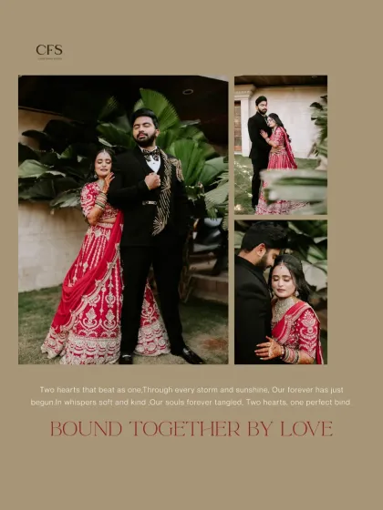"Bound together by love." A collage of a couple in their grand reception outfits, mixing a powerful pose with intimate, close-up moments.