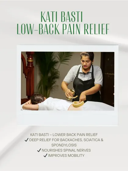 This graphic highlights the benefits of Kati Basti for lower back pain relief. It is a targeted therapy that provides deep relief for backaches and conditions like sciatica and spondylosis by nourishing nerves and improving mobility.