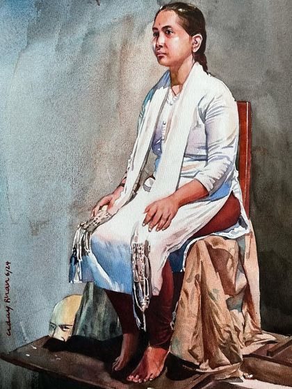 A full-figure watercolor painting of a woman seated. This piece, used in a course announcement, shows my ability to handle complex compositions involving posture and clothing.