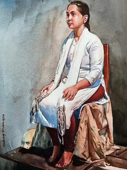 The finished figure painting, showing the full composition and the subtle, moody background.