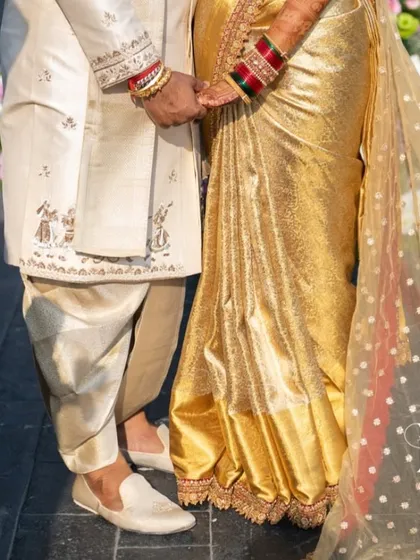 Additional views showcasing the variety and detail of my heirloom bridal sarees. Each image captures a different angle, moment, or detail, from full portraits to close ups of the fabric and embroidery, illustrating the complete story of each bride's custom creation.
