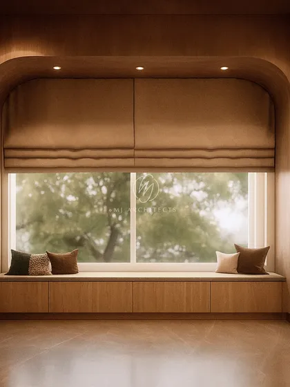 A preview of a cozy window seat from the "ALTIMO" project. This nook is designed to be a peaceful spot for reading or enjoying the view, surrounded by warm wood and soft cushions.
