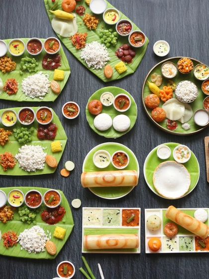 A stunning flat lay of my South Indian miniature creations, including full meals, dosas, and idlis.