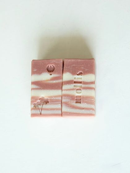 A fresh drop: Lavender, Rosemary & Spearmint, with beautiful pink and white swirls and cute stamps.