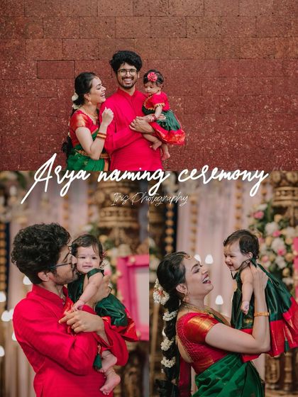 A vibrant collage from a baby's naming ceremony. The photos show the parents playing with their daughter, capturing laughter, kisses, and joyful interactions in their colorful traditional outfits.