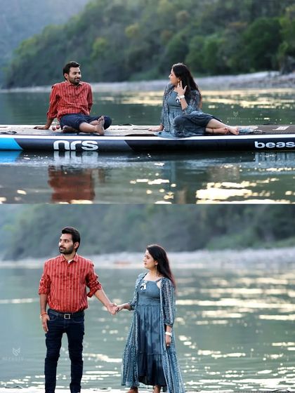 A two-panel layout showing a couple's moments on a paddleboard and by the lakeside, capturing their adventurous and romantic sides.