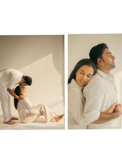 A collage from a minimalist studio session, showing different angles of a couple's gentle interaction. The all white theme creates a peaceful and artistic feel.