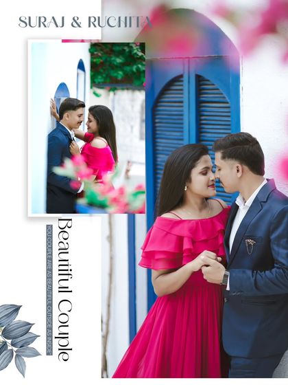 This layout combines a close-up and a wider shot against a vibrant blue and white backdrop, reminiscent of Santorini, adding a unique and colorful touch.