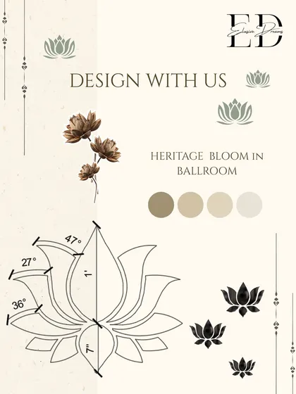 A technical sketch of a lotus motif, complete with measurements and angles. This level of detail in the planning phase ensures precise and flawless execution of custom design elements.