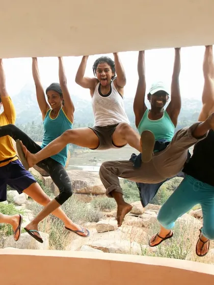 Pure, silly fun! This photo from our 2019 Hampi festival captures the playful and joyful spirit of our community. We don't take ourselves too seriously.