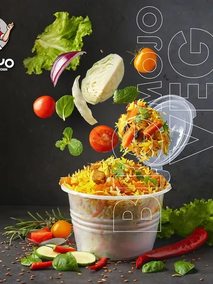 A closer look at the Big Mojo Veg Biryani, packed with a medley of fresh vegetables, herbs, and aromatic basmati rice.