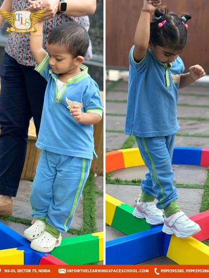 Children carefully walking on a colorful balance beam. This activity is excellent for improving balance, coordination, and concentration.