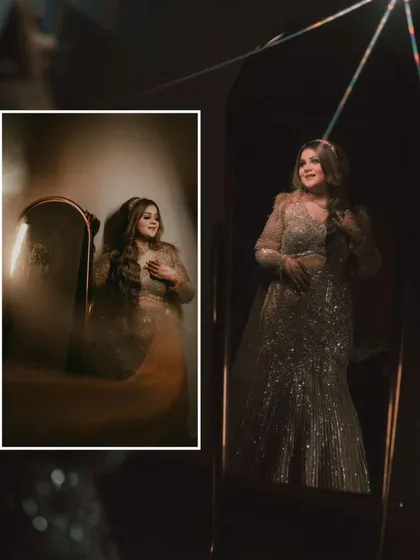 A creative shot of Gurbani, with her reflection captured in multiple mirrors, creating an artistic and glamorous effect.