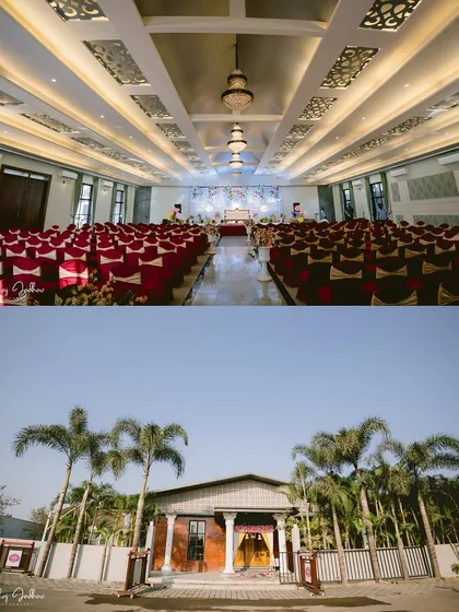 A wide shot of the engagement venue, showing the elegant hall and the beautiful exterior.