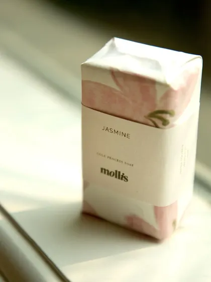 A single Jasmine soap, part of the custom baby announcement order.