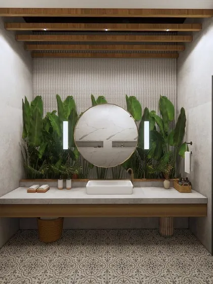 A 3D render of a boho-rustic style bathroom. I used patterned floor tiles, a floating concrete vanity, and exposed wooden beams to create a space that is earthy, textural, and connected to nature.