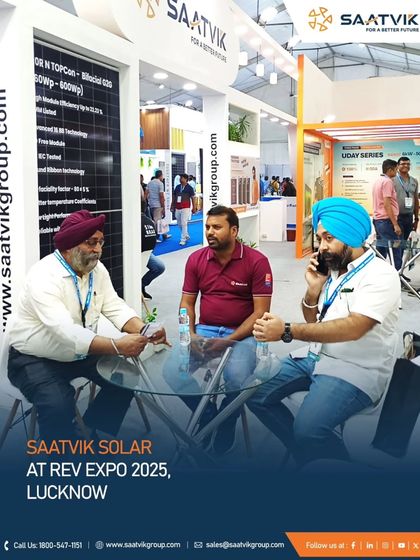 Our team engaging with visitors at the REV Expo 2025 in Lucknow, discussing our high-efficiency solar solutions.